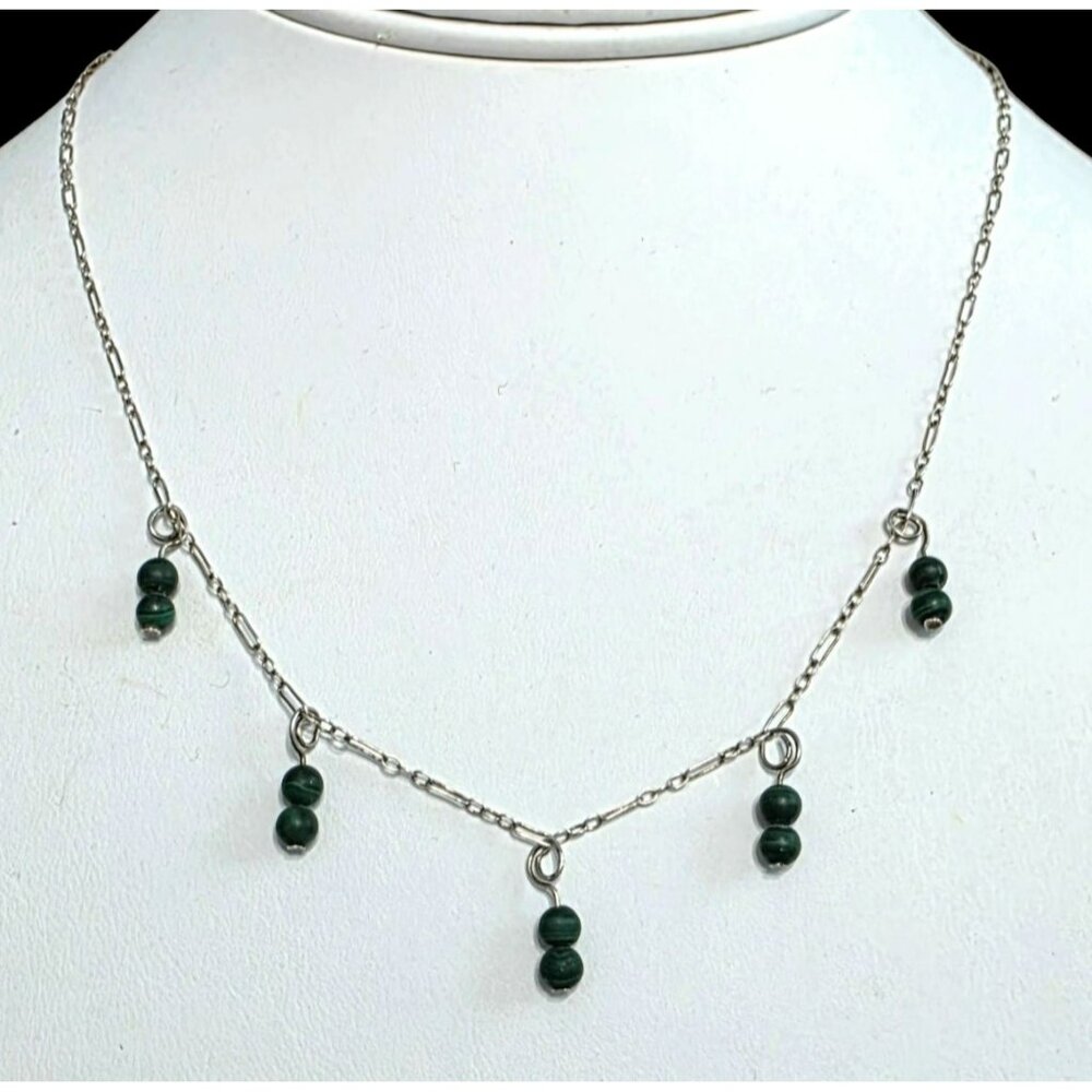 VTG Sterling Silver Necklace Dangle Green Malachite Beads Minimalist Artisian